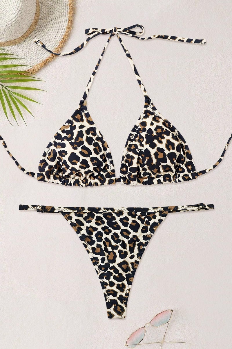SHEKINI Women Halter Sexy Bikini Sets Brazilian Thong Cheeky String Two Piece Swimsuit(Leopard Printing, X-Small) - Image 4
